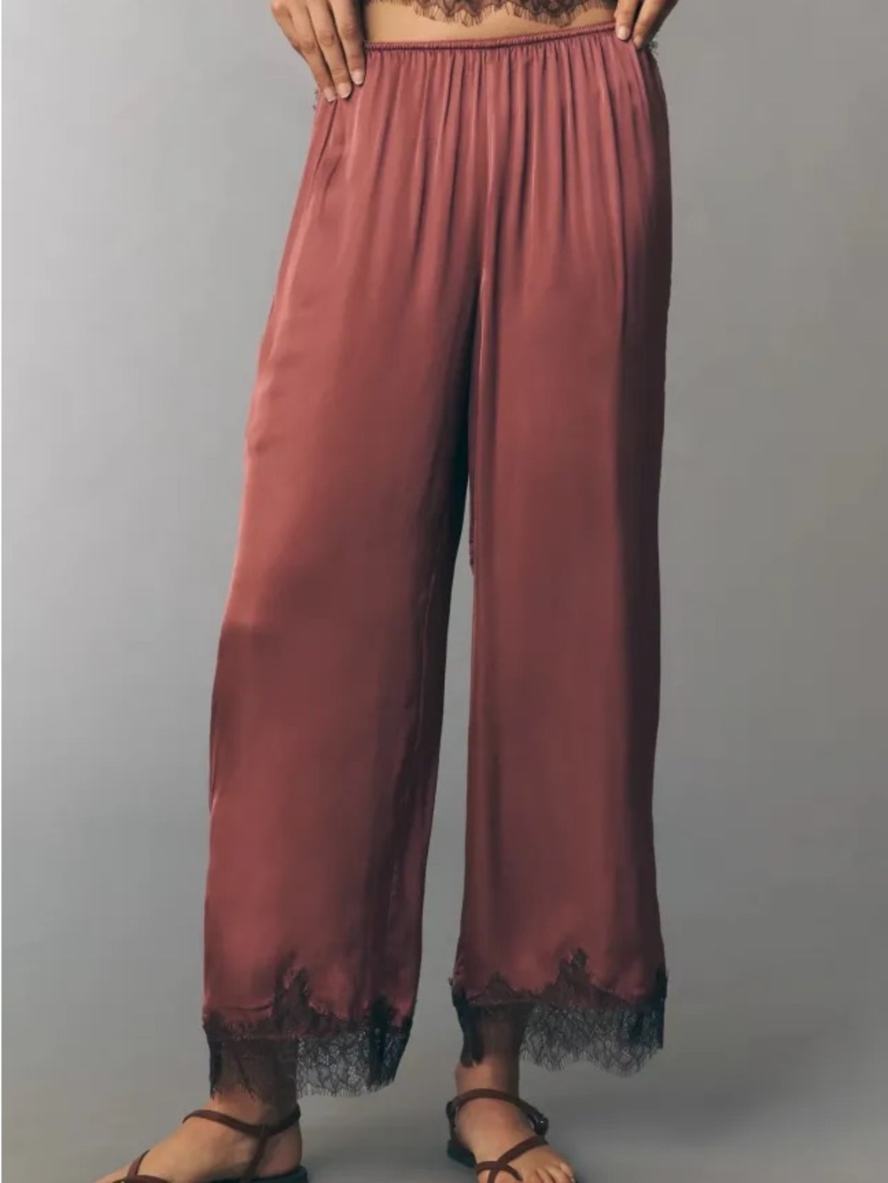 Anthropologie Wide-Leg Satin Pants in Dusty Rose with Black Lace Trim